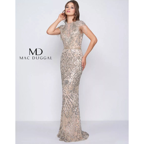 Mac Duggal 4715 Beaded Sequin Fringe Illusion V-Neck Evening Gown Dress 14 - Picture 1 of 10